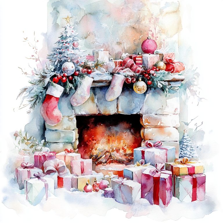 Watercolor Christmas Fireplace