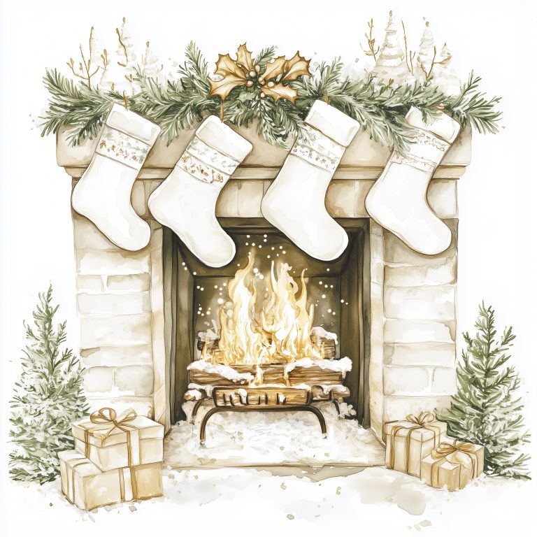 Watercolor Christmas Fireplace Clipart 1