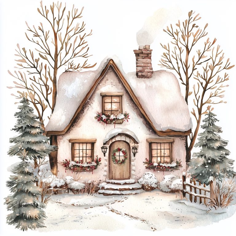 Watercolor Christmas Home Scene