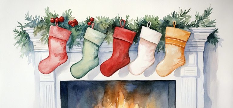 Watercolor Christmas Stockings Fireplace