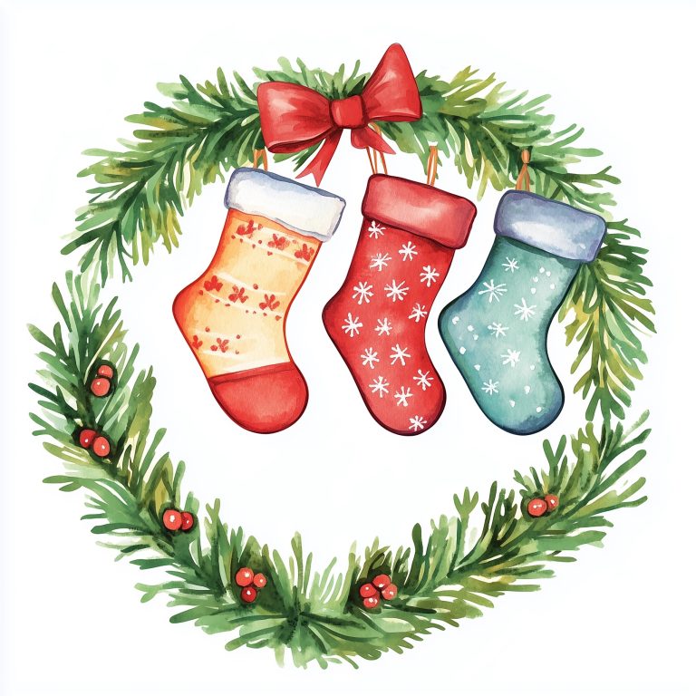 Watercolor Christmas Stockings Wreath