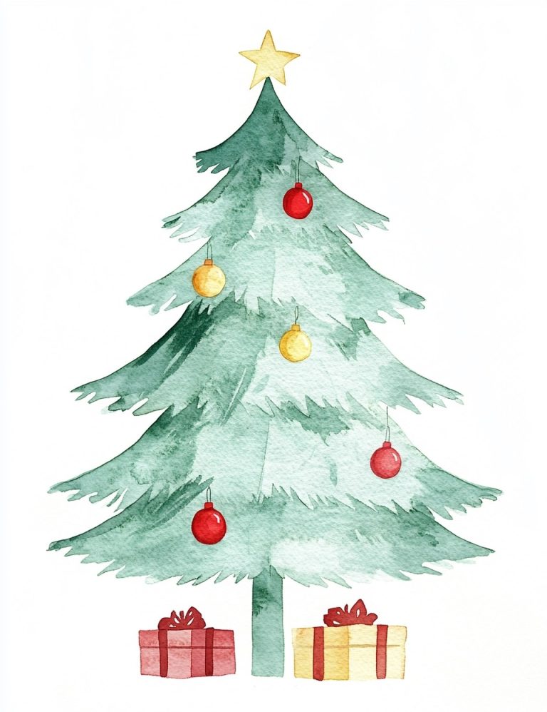 Watercolor Christmas Tree Scene