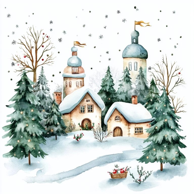 Watercolor Christmas Winter Scene