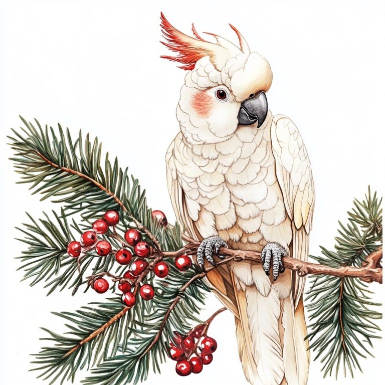 Watercolor Cockatoo Christmas Illustration