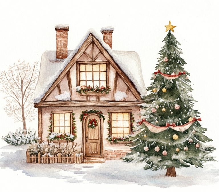 Watercolor Cottagecore Christmas House