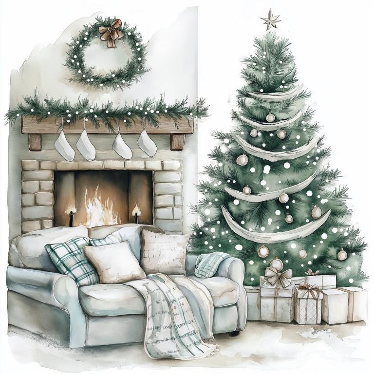 Watercolor Cozy Fireplace Scene