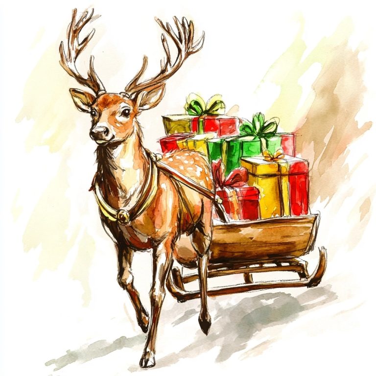 Watercolor Deer with Sleigh