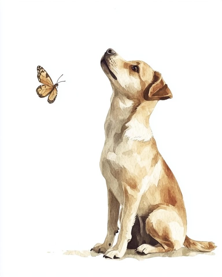 Watercolor Dog with Butterfly