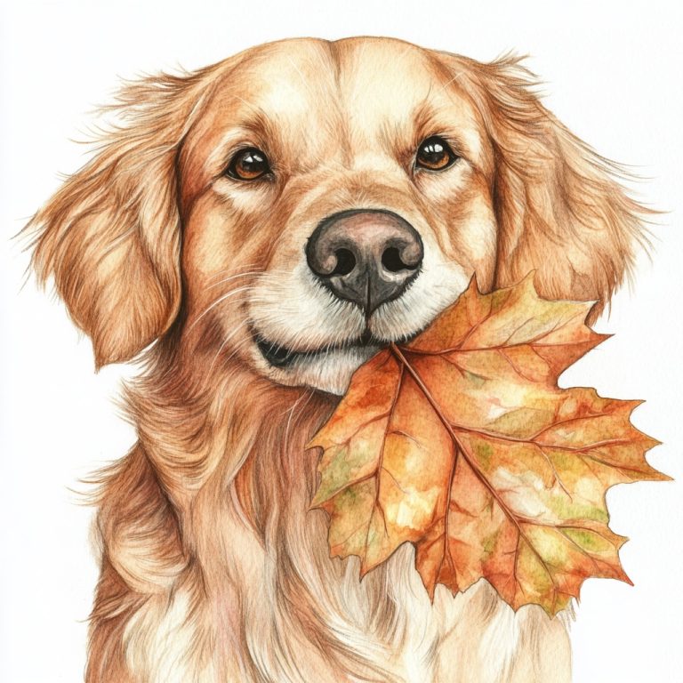 Watercolor Dog with Leaf