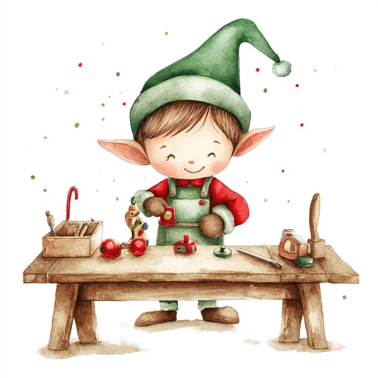 Watercolor Elf Making Toy