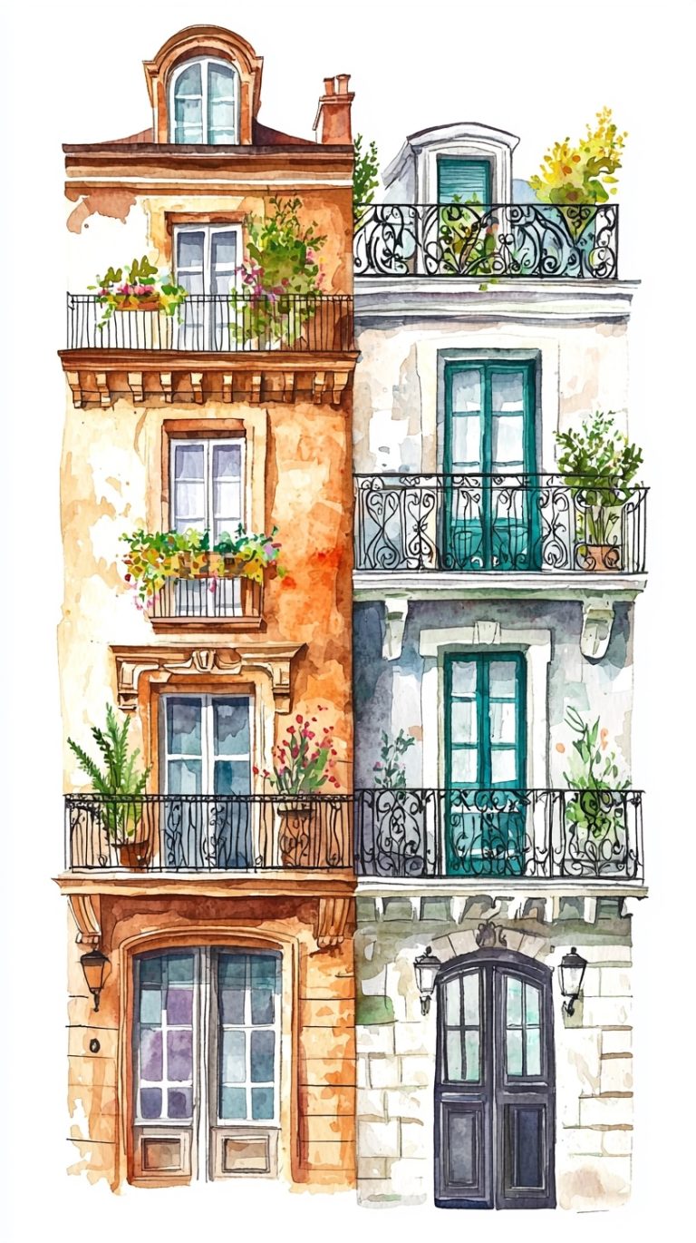 Watercolor European Homes Row