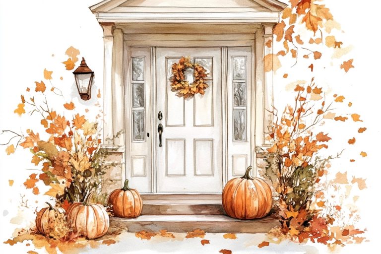 Watercolor Farmhouse Door Decorated for Fall