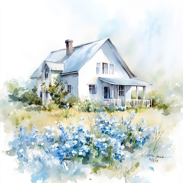 Watercolor Farmhouse with Flowers