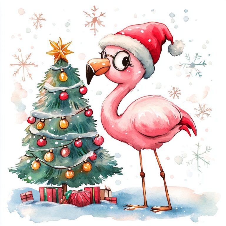 Watercolor Flamingo with Christmas Tree