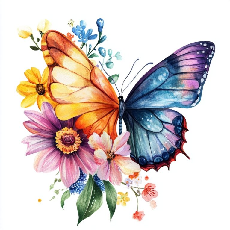 Watercolor Flowers and Butterfly