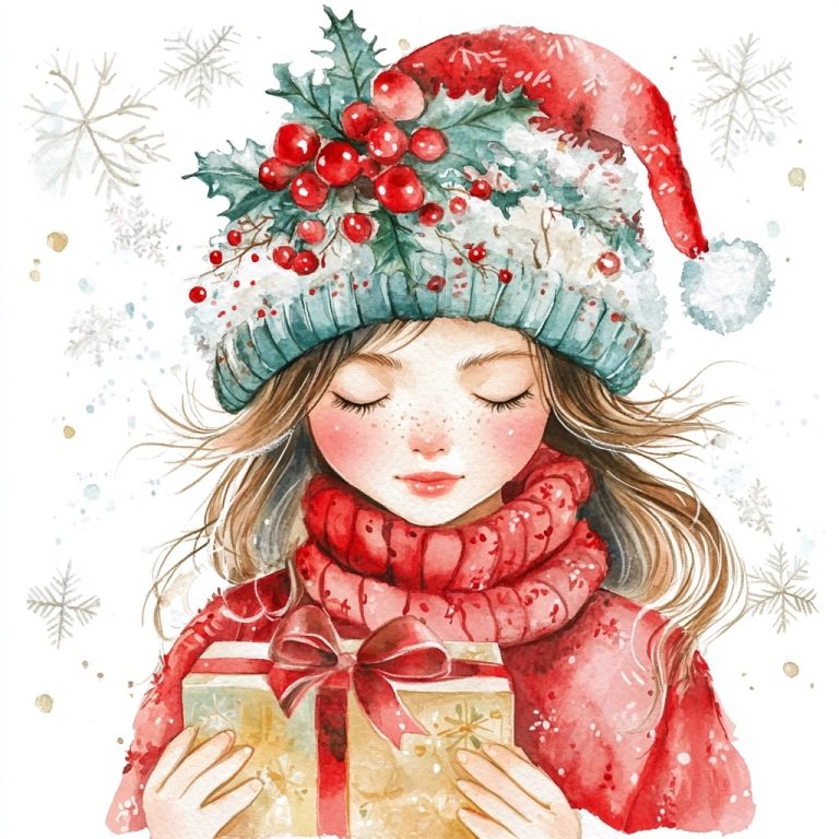 Watercolor Girl in Christmas Outfit