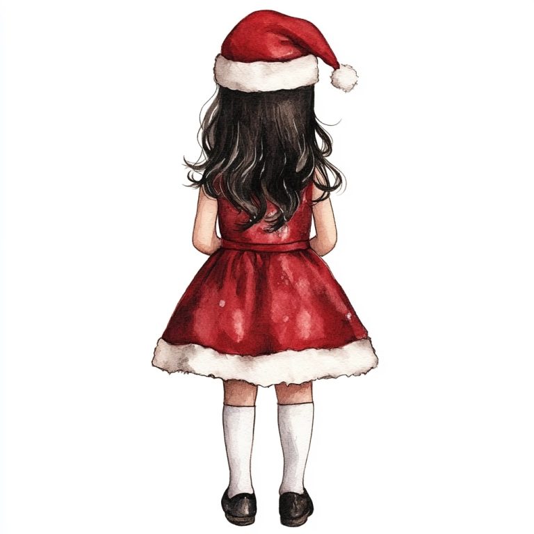 Watercolor Girl in Santa Dress