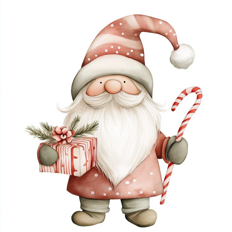 Watercolor Gnome with Candy Cane 1