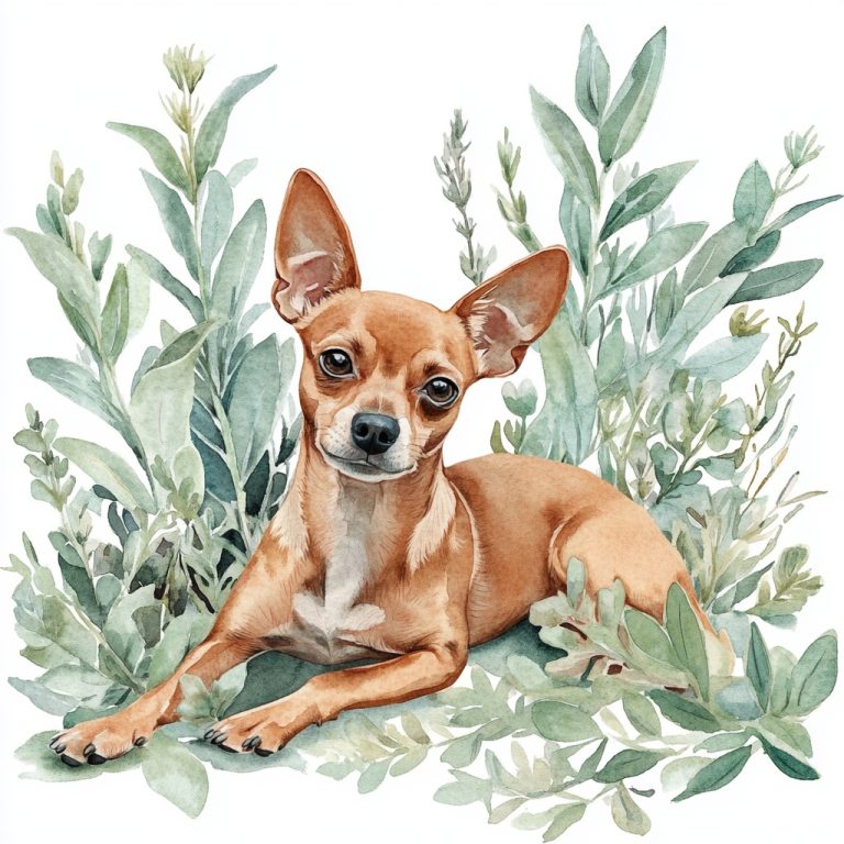 Watercolor Golden Pinscher Surrounded by Sage