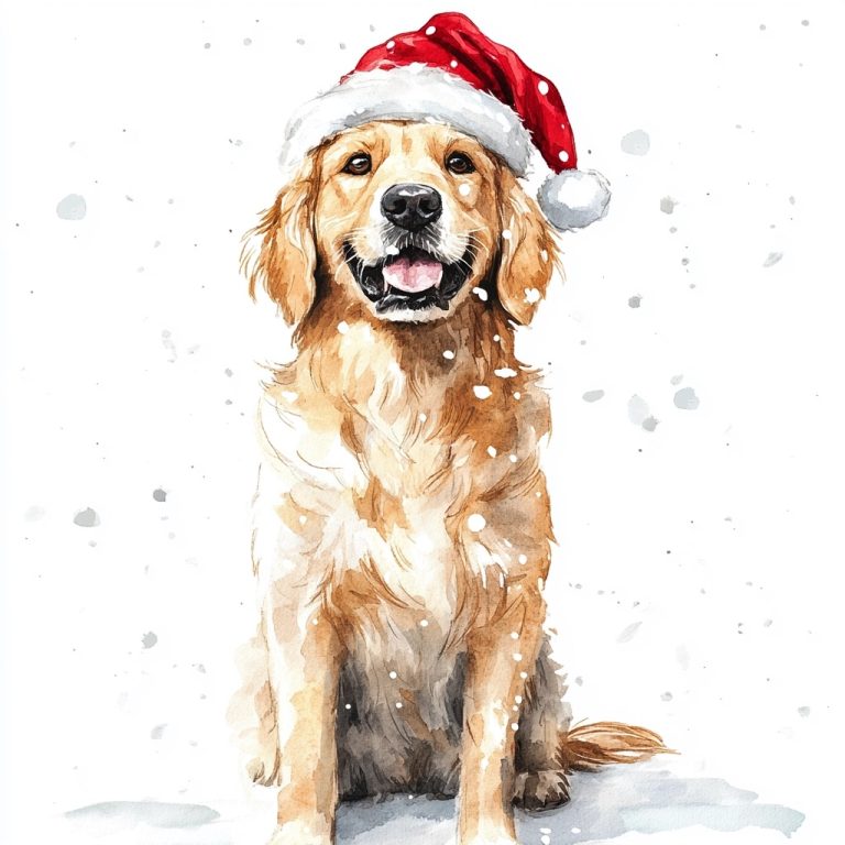 Watercolor Golden Retriever Santa