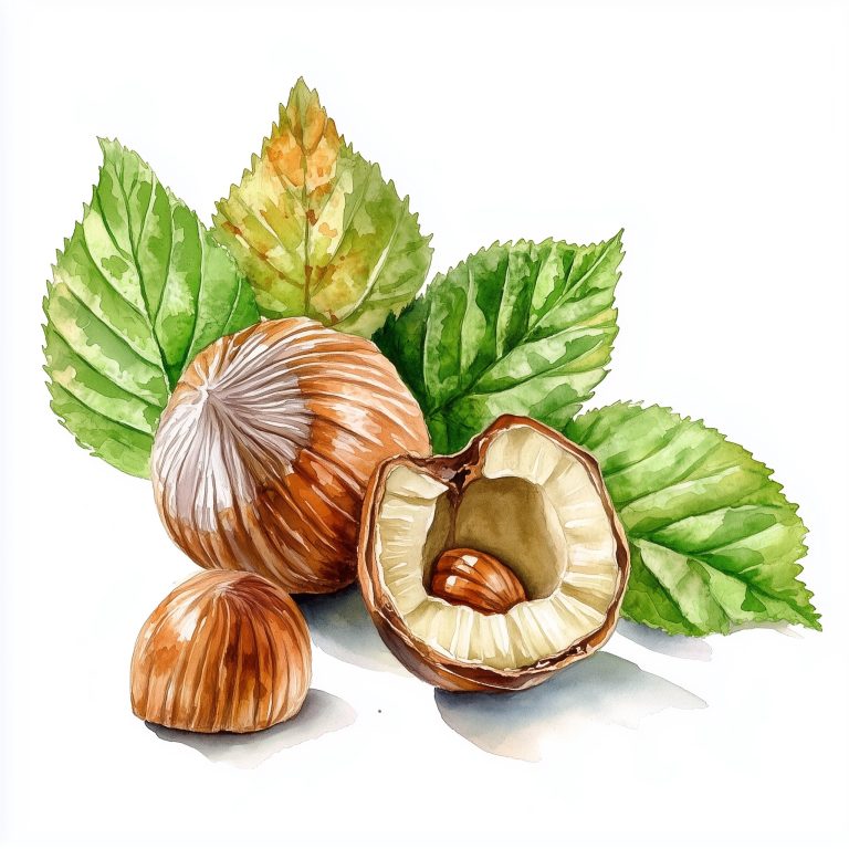 Watercolor Hazelnut and Leaves