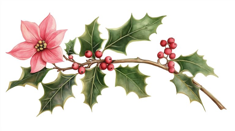 Watercolor Holly Flower Stem scaled