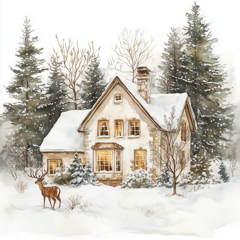 Watercolor Home in Snow