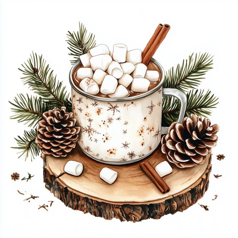 Watercolor Hot Chocolate Scene