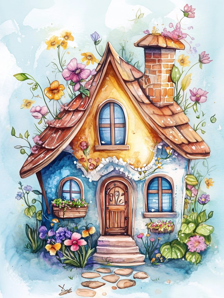 Watercolor House with Flowers