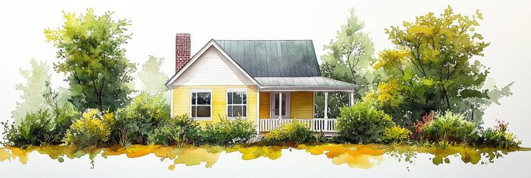 Watercolor House with Shrubs