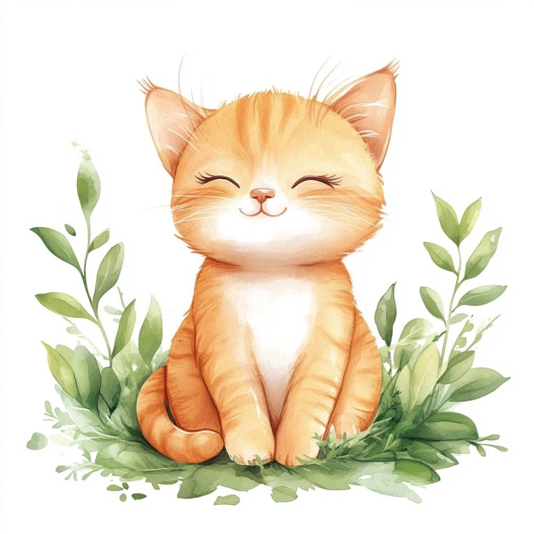 Watercolor Kitten Among Leaves