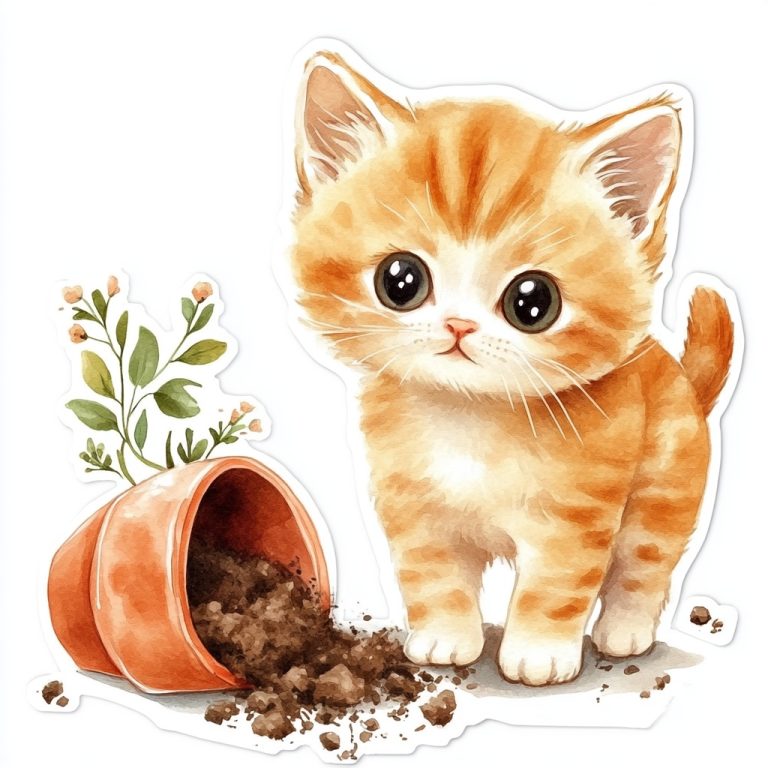 Watercolor Kitten by Flower Pot