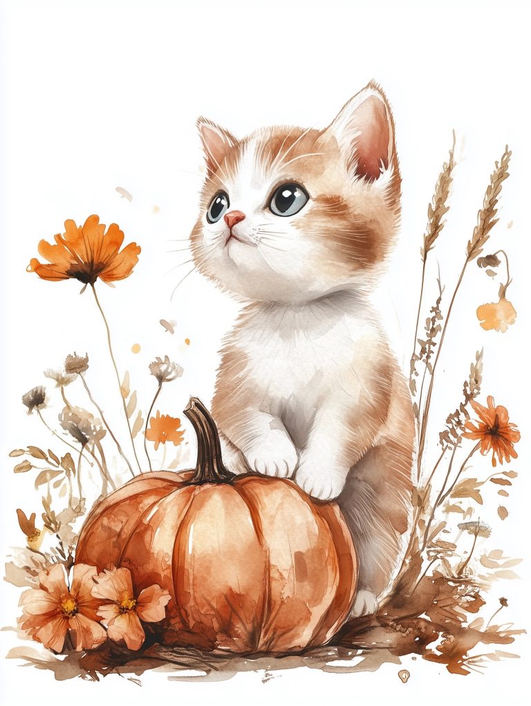 Watercolor Kittens with Pumpkins