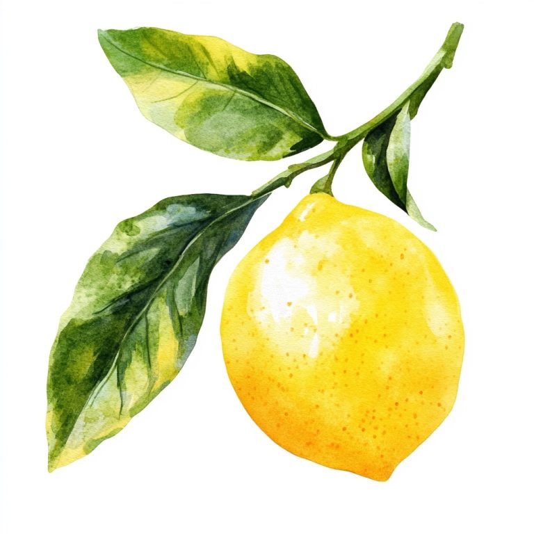 Watercolor Lemon with Leaves