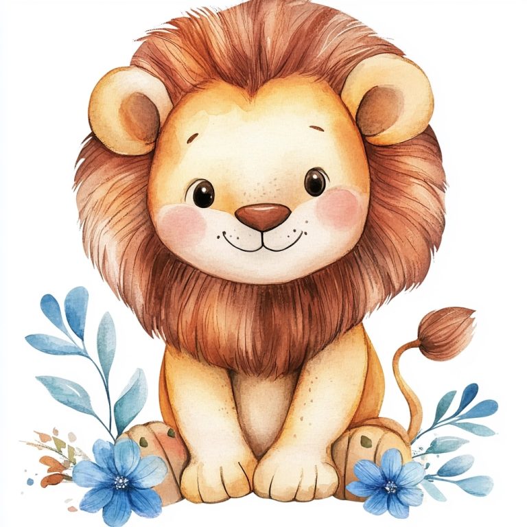 Watercolor Lion with Flowers