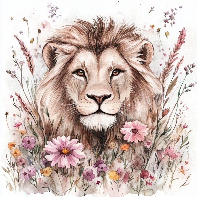 Watercolor Lion with Wildflowers