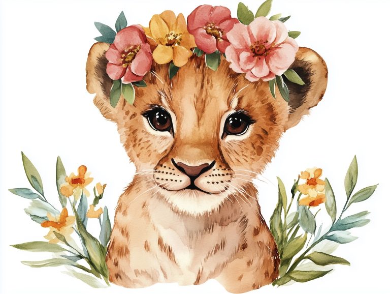 Watercolor Lioness with Flowers