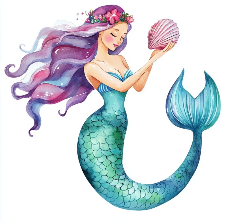 Watercolor Mermaid with Seashell