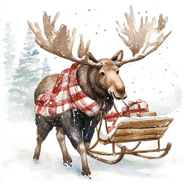 Watercolor Moose with Sleigh