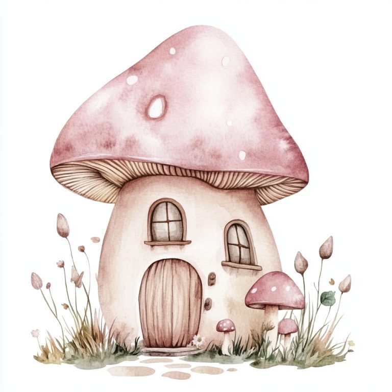 Watercolor Mushroom Hut Illustration