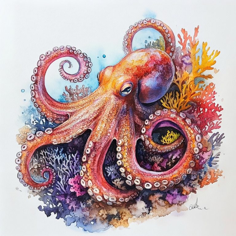 Watercolor Octopus with Coral