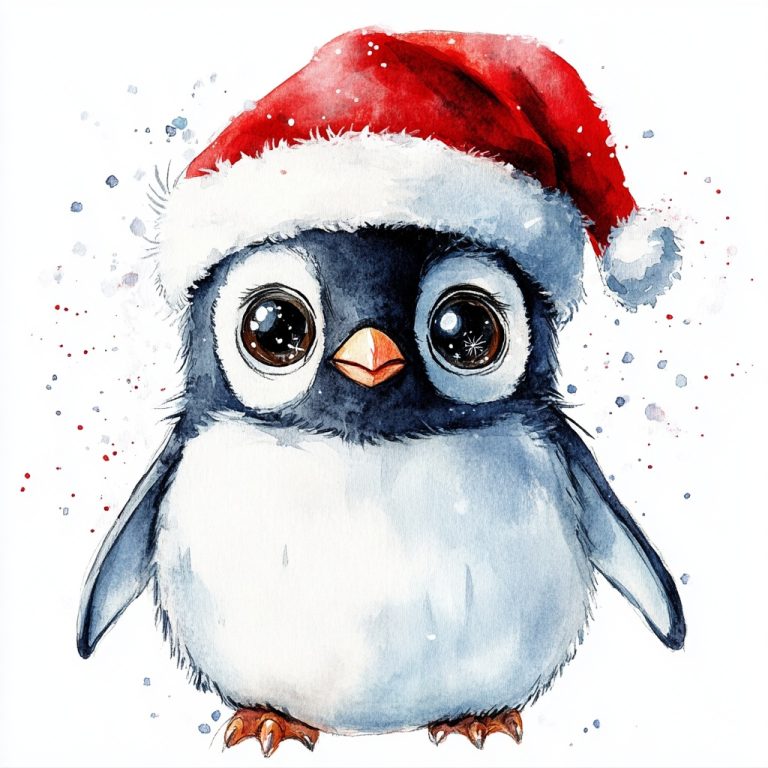 Watercolor Penguin in Santa Hat