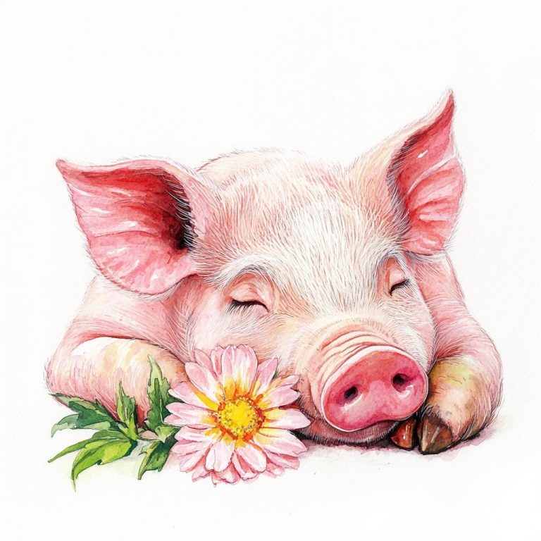 Watercolor Pig with Flower