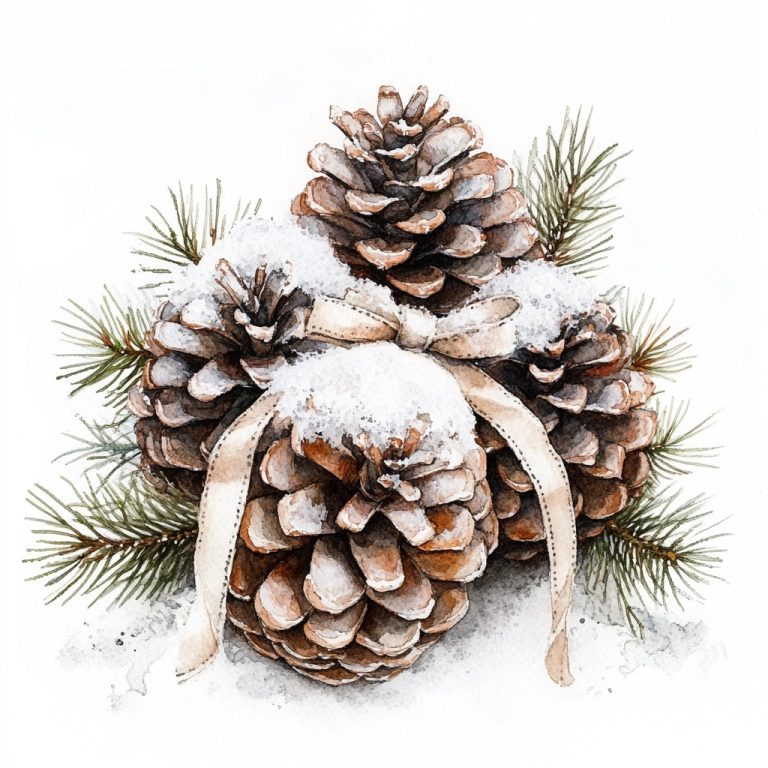 Watercolor Pinecones with Ribbons