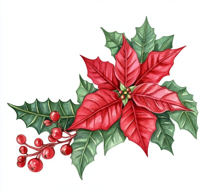 Watercolor Poinsettia and Holly Clipart