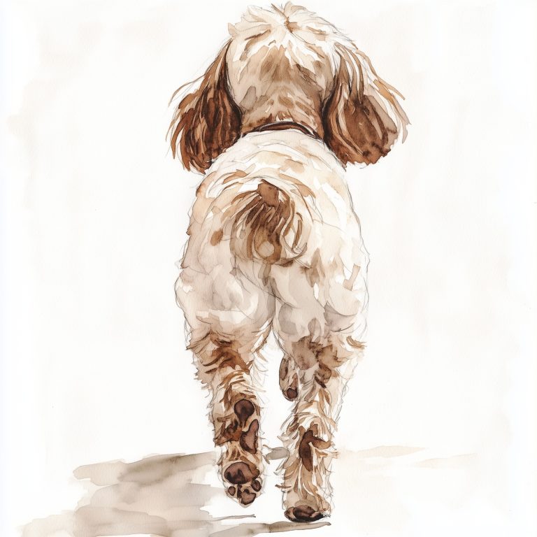 Watercolor Portrait of a Parti Color Cockapoo from Behind Strolling Away