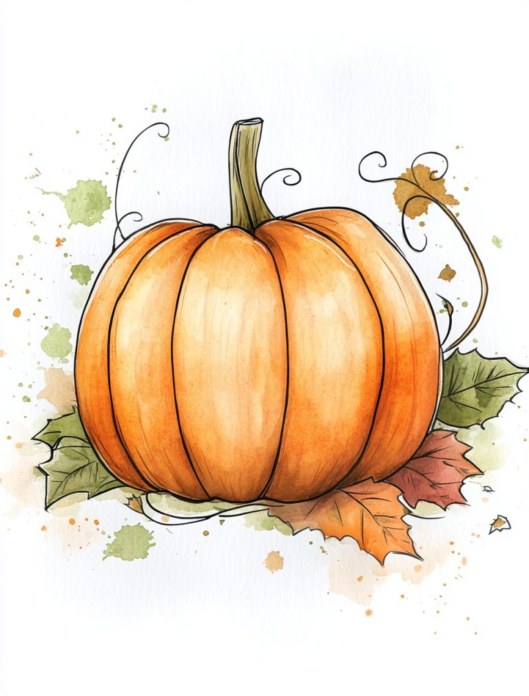 Watercolor Pumpkin with Leaves