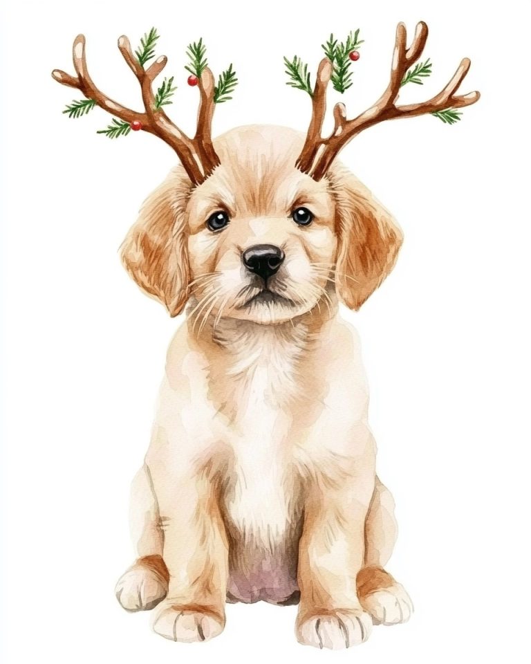 Watercolor Puppy in Antlers