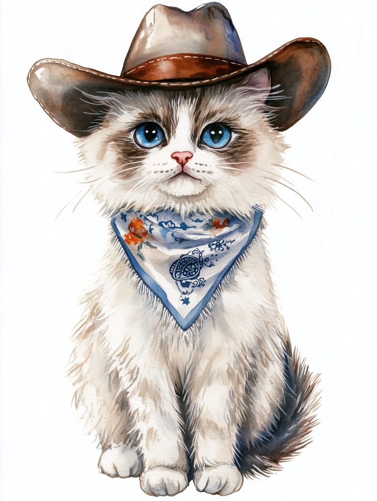 Watercolor Ragdoll Cat Cowboy