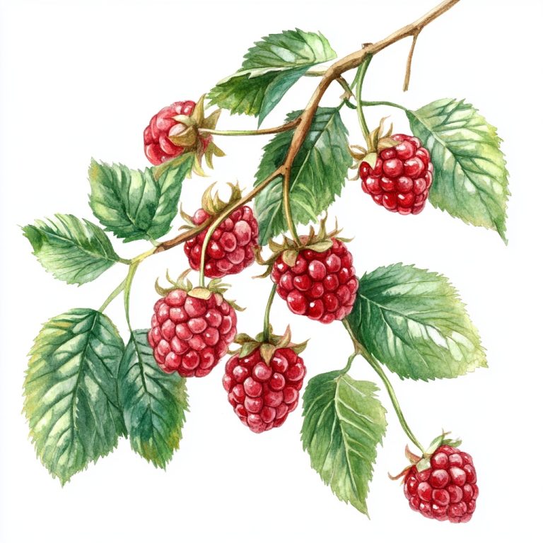 Watercolor Raspberries and Leaves